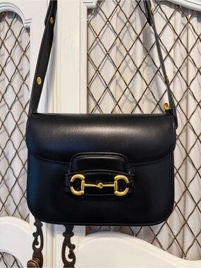 Classic Black Leather Shoulder Bag with Gold Hardware